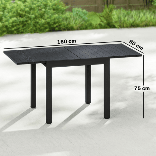 Outsunny Mesa de Jardim Extensível 80160x80 cm Mesa de Jantar Exterior Extensível Retangular de Alumínio com Superfície de Ripas de Efeito Madeira para 4-6 Pessoas para Pátio Terraço Preto