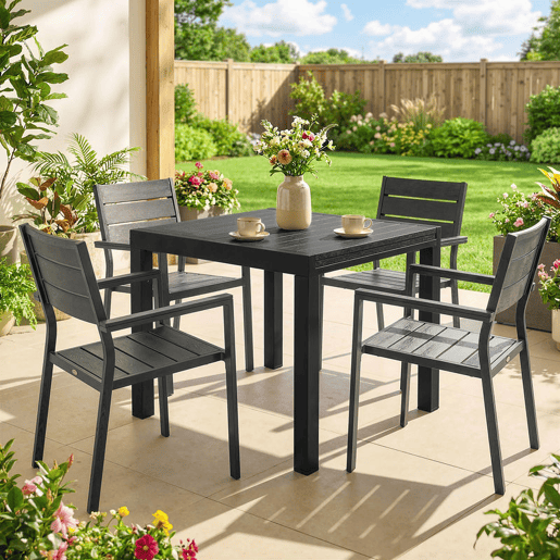 Outsunny Mesa de Jardim Extensível 80160x80 cm Mesa de Jantar Exterior Extensível Retangular de Alumínio com Superfície de Ripas de Efeito Madeira para 4-6 Pessoas para Pátio Terraço Preto