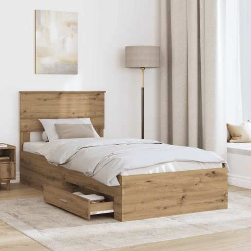 Estrutura de cama de solteiro para adultos com Cabeceira - Carvalho Artesanal 100 x 200 cm