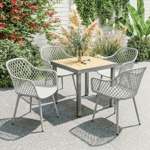 Outsunny Conjunto de 4 Cadeiras de Jardim Exterior Cadeiras Terraço com Encosto Diamante Assento em PP Apoios de Braços e Pés Metálicos para Terraço Varanda 56x51x84 cm Cinzento