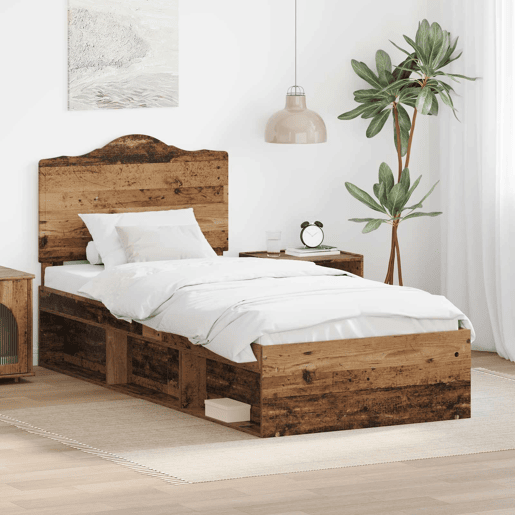 Estrutura de cama de solteiro para adultos com Cabeceira - Madeira antiga 100 x 200 cm