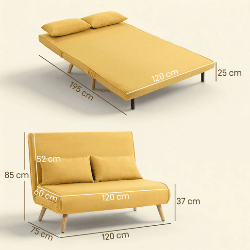 HOMCOM Sofá-Cama de 2 Lugares Dobrável 3 em 1, Estofado em Linho, com Encosto Ajustável em 5 Posições, 2 Almofadas, para Quarto, Sala, Amarelo