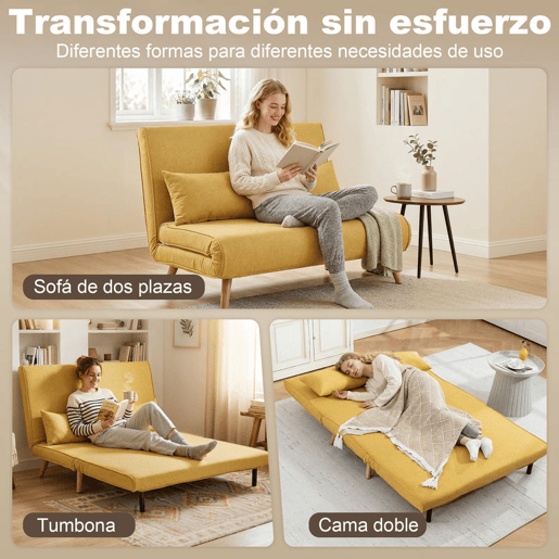 HOMCOM Sofá-Cama de 2 Lugares Dobrável 3 em 1, Estofado em Linho, com Encosto Ajustável em 5 Posições, 2 Almofadas, para Quarto, Sala, Amarelo