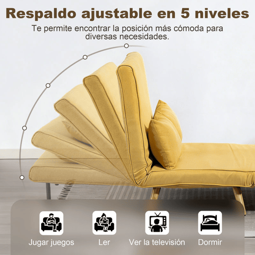 HOMCOM Sofá-Cama de 2 Lugares Dobrável 3 em 1, Estofado em Linho, com Encosto Ajustável em 5 Posições, 2 Almofadas, para Quarto, Sala, Amarelo