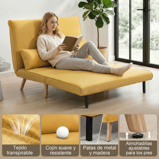 HOMCOM Sofá-Cama de 2 Lugares Dobrável 3 em 1, Estofado em Linho, com Encosto Ajustável em 5 Posições, 2 Almofadas, para Quarto, Sala, Amarelo