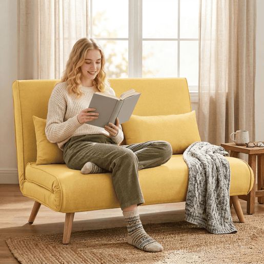 HOMCOM Sofá-Cama de 2 Lugares Dobrável 3 em 1, Estofado em Linho, com Encosto Ajustável em 5 Posições, 2 Almofadas, para Quarto, Sala, Amarelo