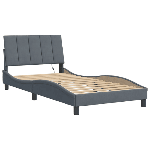 Estrutura de cama de solteiro simple com LED 100x200cm veludo cinzento-escuro