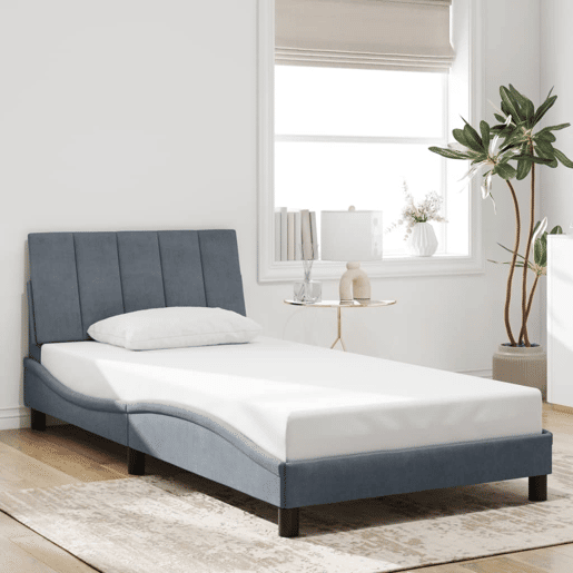 Estrutura de cama de solteiro simple com LED 100x200cm veludo cinzento-escuro