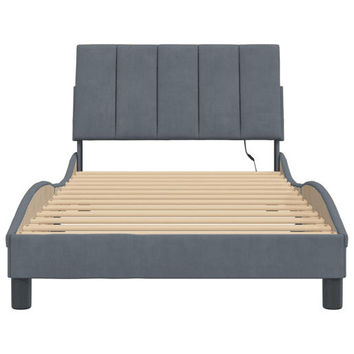 Estrutura de cama de solteiro simple com LED 100x200cm veludo cinzento-escuro