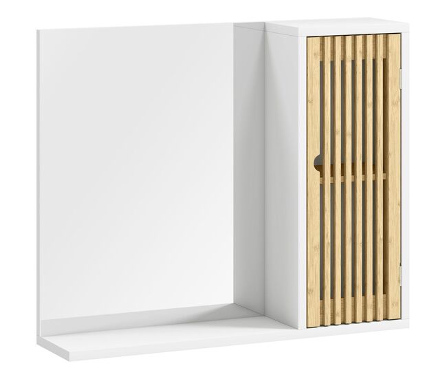 Homcom espejo de baño 60x50 cm, espejo de pared con puerta de listones de bambú, estantes de almacenaje, blanco y natural