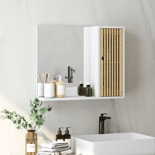 HOMCOM Espelho de Casa de Banho 60x50 cm Espelho de Parede com Porta de Ripas de Bambu Prateleiras de Arrumação Branco e Madeira
