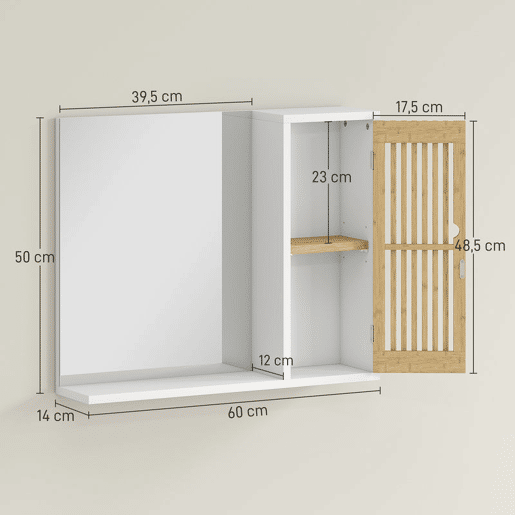 HOMCOM Espelho de Casa de Banho 60x50 cm Espelho de Parede com Porta de Ripas de Bambu Prateleiras de Arrumação Branco e Madeira