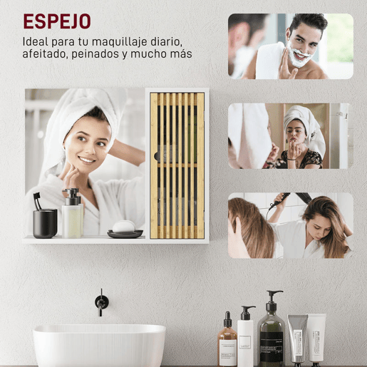 HOMCOM Espelho de Casa de Banho 60x50 cm Espelho de Parede com Porta de Ripas de Bambu Prateleiras de Arrumação Branco e Madeira