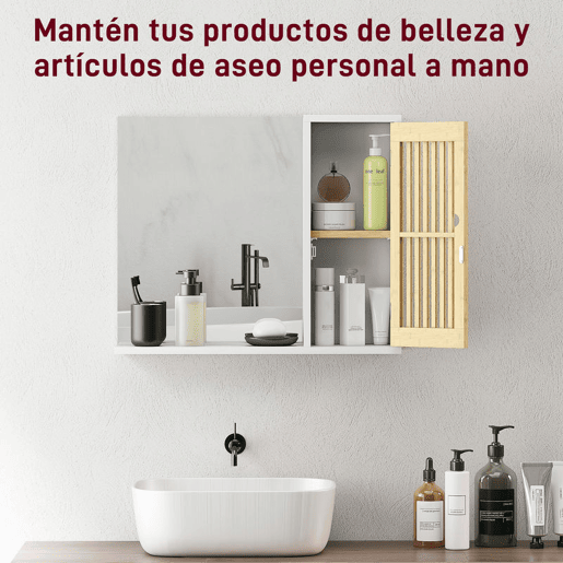HOMCOM Espelho de Casa de Banho 60x50 cm Espelho de Parede com Porta de Ripas de Bambu Prateleiras de Arrumação Branco e Madeira
