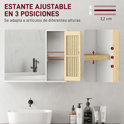 HOMCOM Espelho de Casa de Banho 60x50 cm Espelho de Parede com Porta de Ripas de Bambu Prateleiras de Arrumação Branco e Madeira