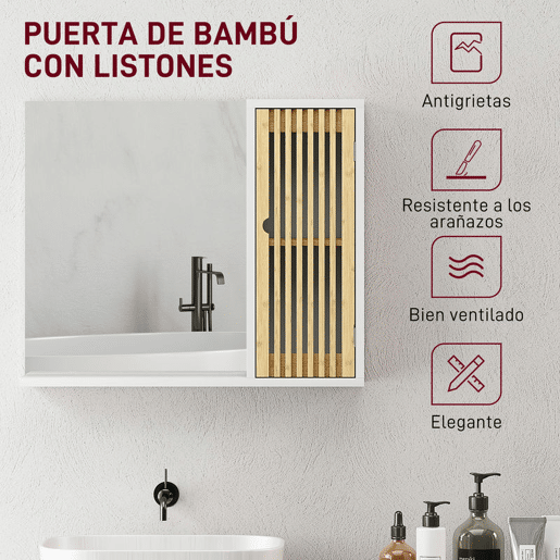 HOMCOM Espelho de Casa de Banho 60x50 cm Espelho de Parede com Porta de Ripas de Bambu Prateleiras de Arrumação Branco e Madeira