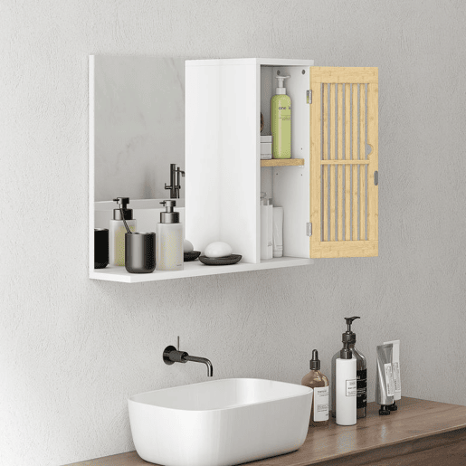 HOMCOM Espelho de Casa de Banho 60x50 cm Espelho de Parede com Porta de Ripas de Bambu Prateleiras de Arrumação Branco e Madeira