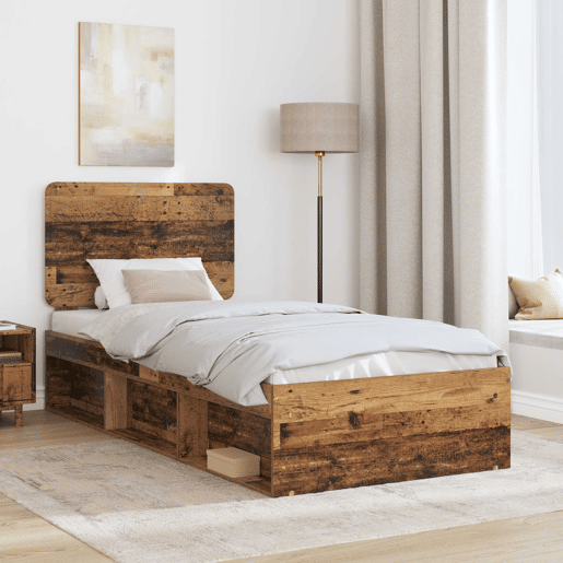 Estrutura de cama de solteiro para adultos com Cabeceira - Madeira antiga 100 x 200 cm