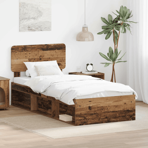 Estrutura de cama de solteiro para adultos com Cabeceira - Madeira antiga 100 x 200 cm