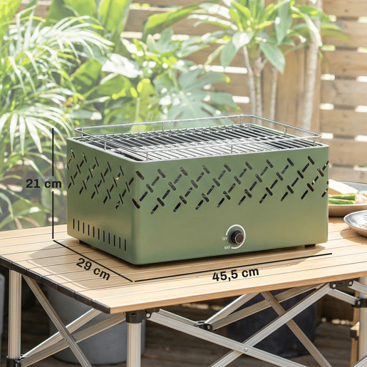 Outsunny Barbecue a Carvão Portátil, 45,5x29x21 cm, com Ventilador Integrado, Temperatura Ajustável e Bandeja de Carvão, para Campismo, Piqueniques e Festas no Jardim, Verde-Claro