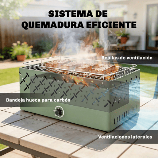 Outsunny Barbecue a Carvão Portátil, 45,5x29x21 cm, com Ventilador Integrado, Temperatura Ajustável e Bandeja de Carvão, para Campismo, Piqueniques e Festas no Jardim, Verde-Claro
