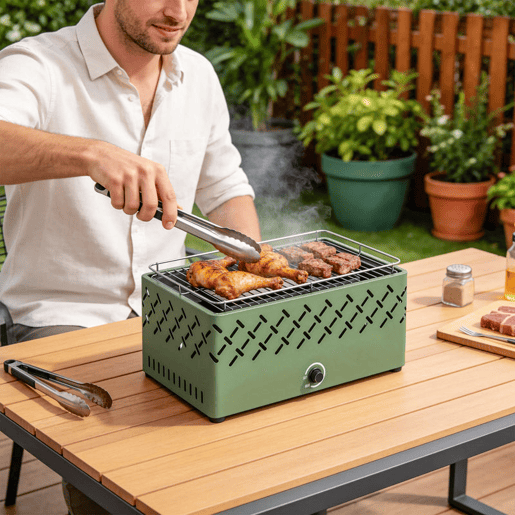 Outsunny Barbecue a Carvão Portátil, 45,5x29x21 cm, com Ventilador Integrado, Temperatura Ajustável e Bandeja de Carvão, para Campismo, Piqueniques e Festas no Jardim, Verde-Claro