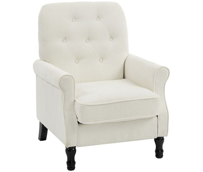 Homcom sillón relax, sofá individual, tapizado en lino, asiento acolchado grueso, respaldo alto capitoné, patas de madera maciza, butaca para salón, dormitorio y oficina, crema