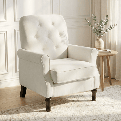 HOMCOM Poltrona Relax, Sofá Individual, Estofado em Linho, Assento Acolchoado Grosso, Encosto Alto Capitoné, Pés de Madeira Maciça, Cadeira para Sala, Quarto e Escritório, Creme