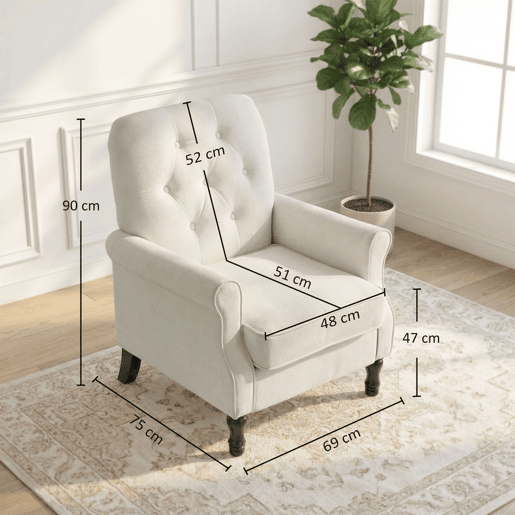 HOMCOM Poltrona Relax, Sofá Individual, Estofado em Linho, Assento Acolchoado Grosso, Encosto Alto Capitoné, Pés de Madeira Maciça, Cadeira para Sala, Quarto e Escritório, Creme