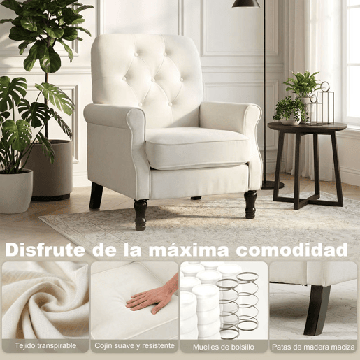 HOMCOM Poltrona Relax, Sofá Individual, Estofado em Linho, Assento Acolchoado Grosso, Encosto Alto Capitoné, Pés de Madeira Maciça, Cadeira para Sala, Quarto e Escritório, Creme