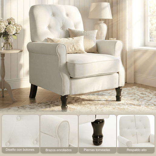 HOMCOM Poltrona Relax, Sofá Individual, Estofado em Linho, Assento Acolchoado Grosso, Encosto Alto Capitoné, Pés de Madeira Maciça, Cadeira para Sala, Quarto e Escritório, Creme