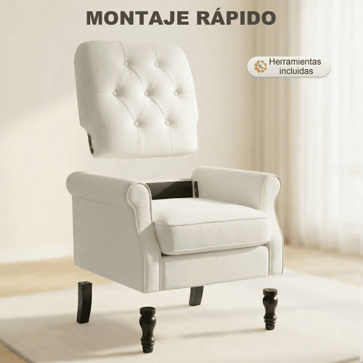 HOMCOM Poltrona Relax, Sofá Individual, Estofado em Linho, Assento Acolchoado Grosso, Encosto Alto Capitoné, Pés de Madeira Maciça, Cadeira para Sala, Quarto e Escritório, Creme