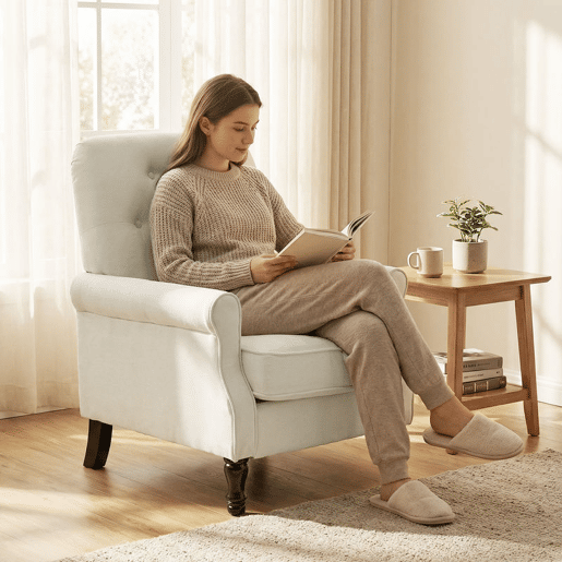 HOMCOM Poltrona Relax, Sofá Individual, Estofado em Linho, Assento Acolchoado Grosso, Encosto Alto Capitoné, Pés de Madeira Maciça, Cadeira para Sala, Quarto e Escritório, Creme