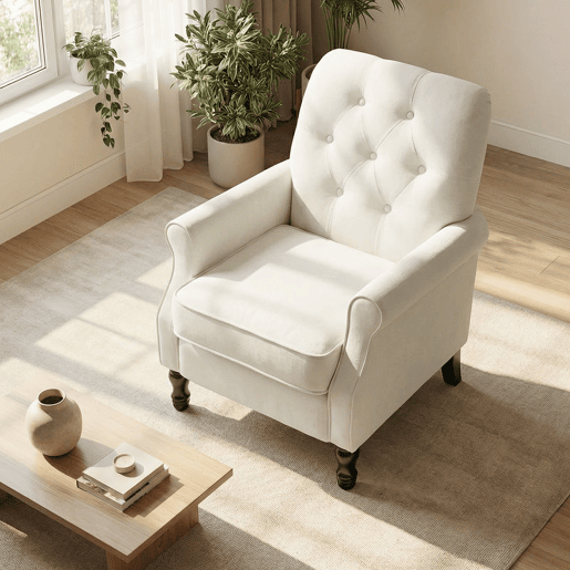HOMCOM Poltrona Relax, Sofá Individual, Estofado em Linho, Assento Acolchoado Grosso, Encosto Alto Capitoné, Pés de Madeira Maciça, Cadeira para Sala, Quarto e Escritório, Creme