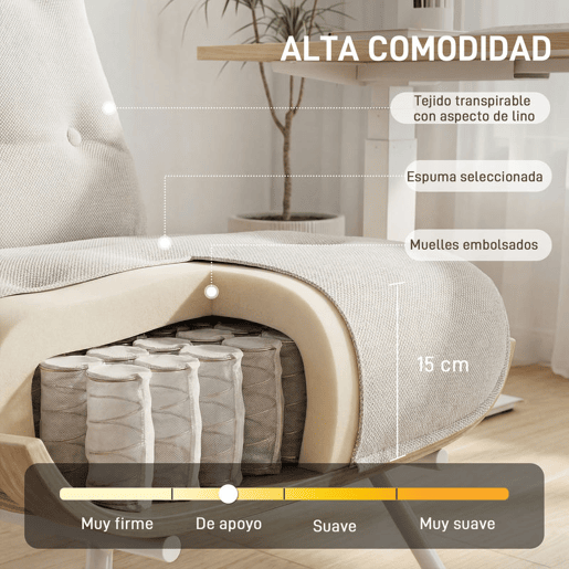 HOMCOM Poltrona de Sala Estofada em Linho Poltrona de Leitura com Assento Acolchoado Estrutura de Aço Poltrona para Sala de Estar Quarto 62,5x94x81 cm Creme