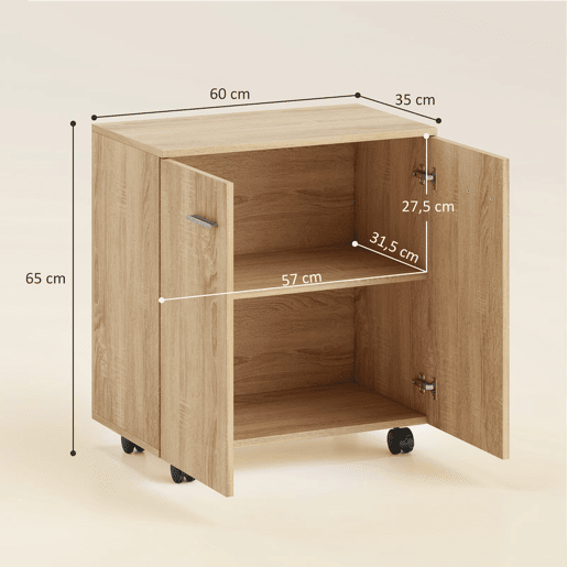 HOMCOM Aparador com Rodas Aparador de Sala com 2 Portas e Prateleiras para Sala de Estar Quarto Escritório, 60x35x65 cm Madeira