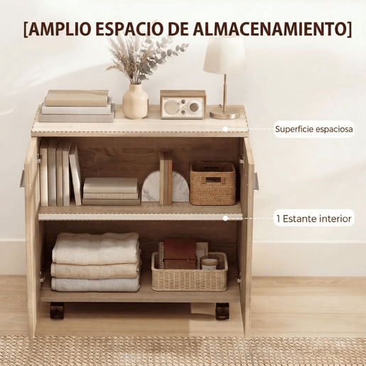 HOMCOM Aparador com Rodas Aparador de Sala com 2 Portas e Prateleiras para Sala de Estar Quarto Escritório, 60x35x65 cm Madeira