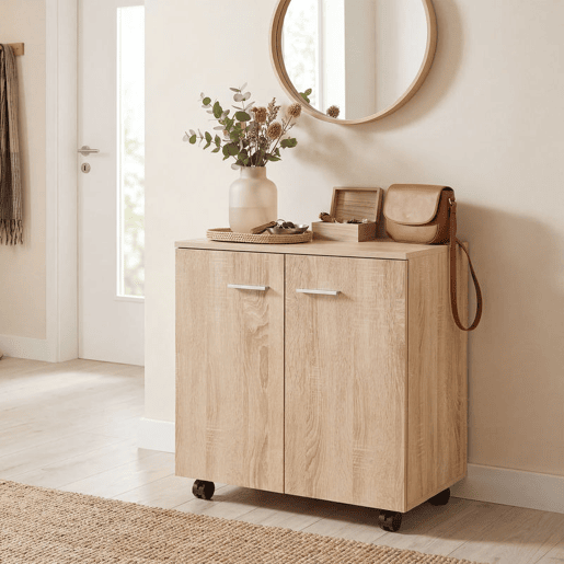 HOMCOM Aparador com Rodas Aparador de Sala com 2 Portas e Prateleiras para Sala de Estar Quarto Escritório, 60x35x65 cm Madeira
