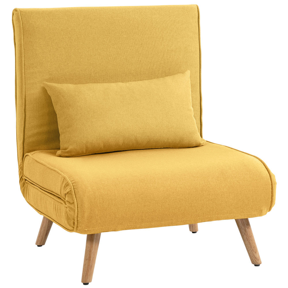 Homcom sofá cama individual plegable 3 en 1, sofá cama, tapizado en lino, con respaldo ajustable 5 posiciones, 1 almohada, para dormitorio, salón, amarillo