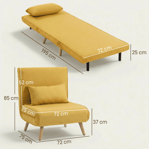 HOMCOM Sofá-Cama Individual Dobrável 3 em 1, Sofá-Cama, Estofado em Linho, com Encosto Ajustável em 5 Posições, 1 Almofada, para Quarto, Sala, Amarelo