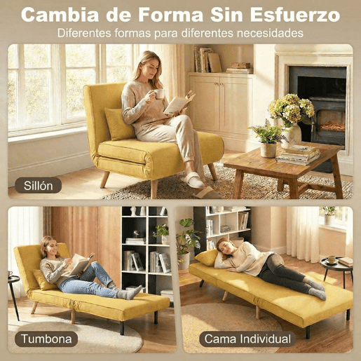 HOMCOM Sofá-Cama Individual Dobrável 3 em 1, Sofá-Cama, Estofado em Linho, com Encosto Ajustável em 5 Posições, 1 Almofada, para Quarto, Sala, Amarelo