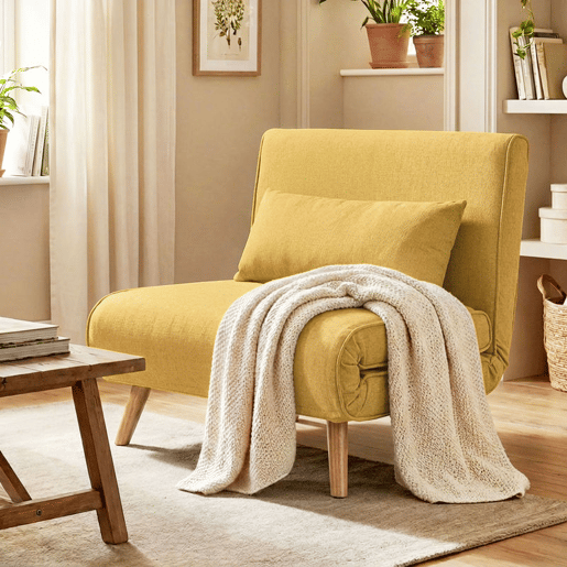 HOMCOM Sofá-Cama Individual Dobrável 3 em 1, Sofá-Cama, Estofado em Linho, com Encosto Ajustável em 5 Posições, 1 Almofada, para Quarto, Sala, Amarelo