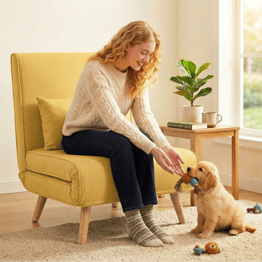 HOMCOM Sofá-Cama Individual Dobrável 3 em 1, Sofá-Cama, Estofado em Linho, com Encosto Ajustável em 5 Posições, 1 Almofada, para Quarto, Sala, Amarelo