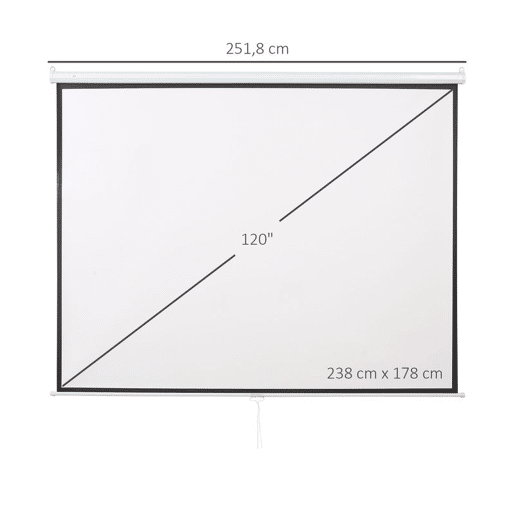 HOMCOM Ecrã de Projeção Manual 120 Polegadas, Ecrã de Projeção, Formato 4:316:9, para Interior e Exterior, Eventos Desportivos, Cinema em Casa, Escritório, Jardim, 244x183 cm, Branco