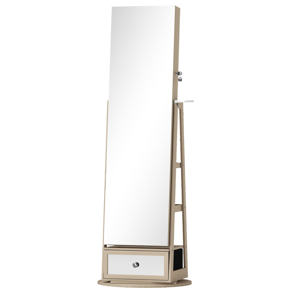Homcom espejo joyero con luces led, armario para joyas, armario joyero de pie con espejo cuero entero, soporte para secador, giratorio de 360°, cajón, cerradura, estantes abiertos, natural y beige