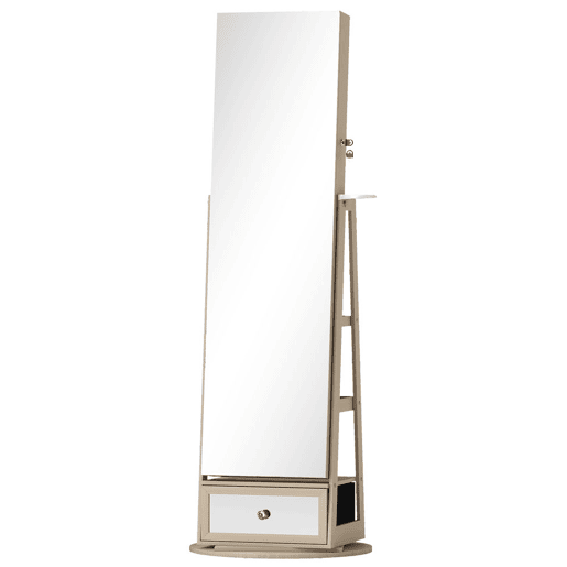 HOMCOM Armário para Joias com Espelho e Luzes LED, Armário Joyero de Pé com Espelho de Corpo Inteiro, Suporte para Secador, Giratório 360°, Gaveta, Fechadura e Prateleiras Abertas, Natural e Bege