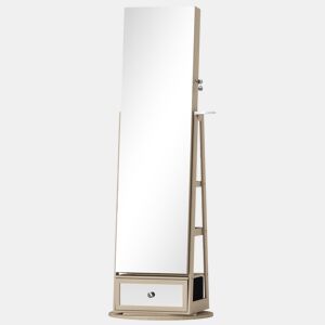 HOMCOM Armário para Joias com Espelho e Luzes LED, Armário Joyero de Pé com Espelho de Corpo Inteiro, Suporte para Secador, Giratório 360°, Gaveta, Fechadura e Prateleiras Abertas, Natural e Bege