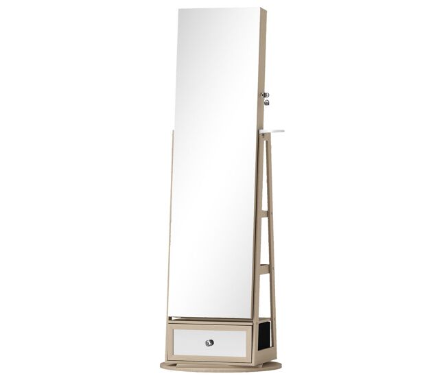 Homcom espejo joyero con luces led, armario para joyas, armario joyero de pie con espejo cuero entero, soporte para secador, giratorio de 360°, cajón,