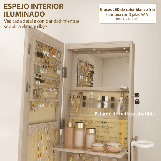HOMCOM Armário para Joias com Espelho e Luzes LED, Armário Joyero de Pé com Espelho de Corpo Inteiro, Suporte para Secador, Giratório 360°, Gaveta, Fechadura e Prateleiras Abertas, Natural e Bege