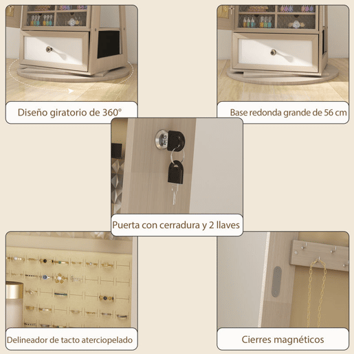 HOMCOM Armário para Joias com Espelho e Luzes LED, Armário Joyero de Pé com Espelho de Corpo Inteiro, Suporte para Secador, Giratório 360°, Gaveta, Fechadura e Prateleiras Abertas, Natural e Bege